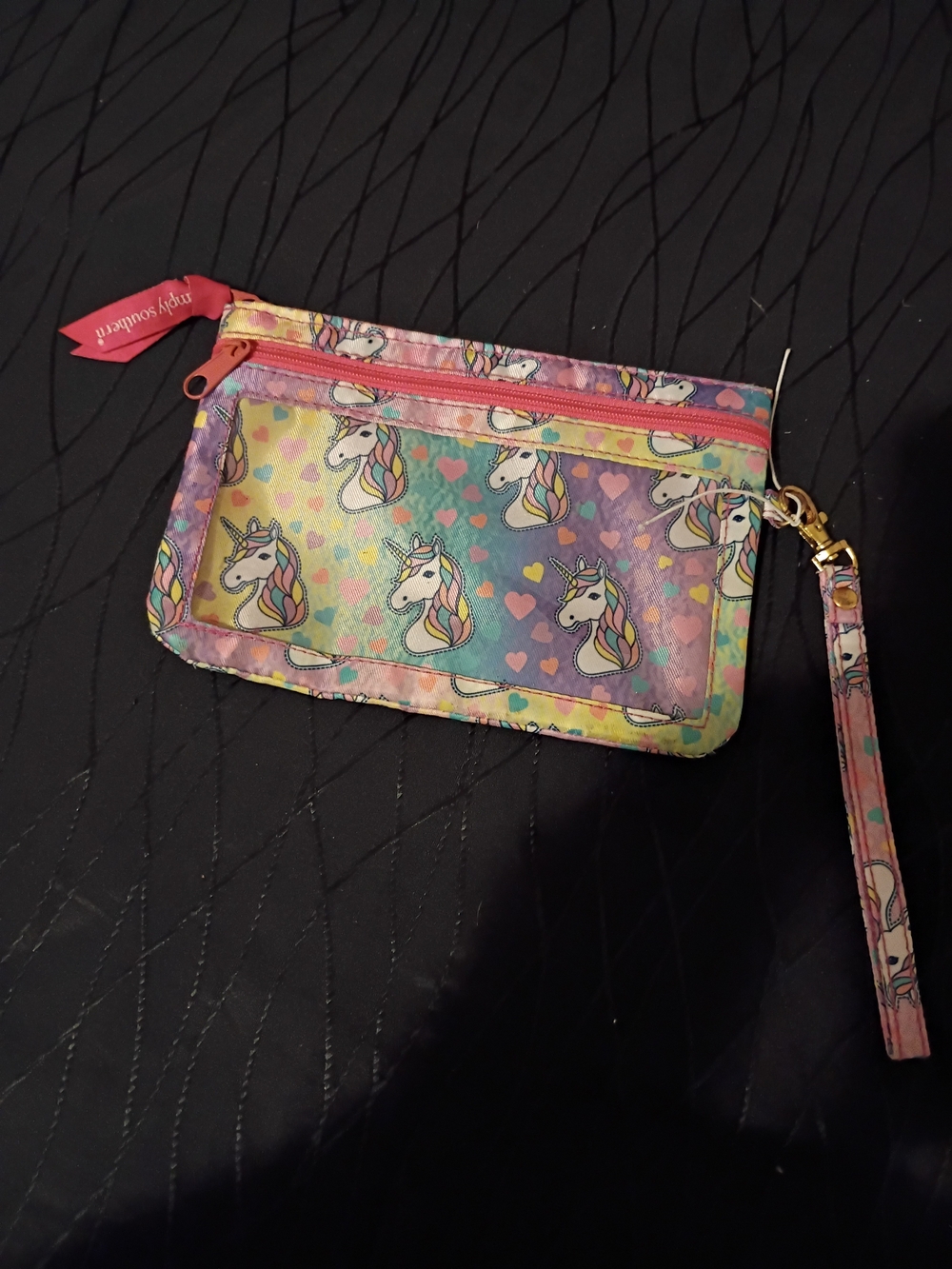 Simply Southern Unicorn Print Wristlet Clutch - Pastel Rainbow with Pink Trim